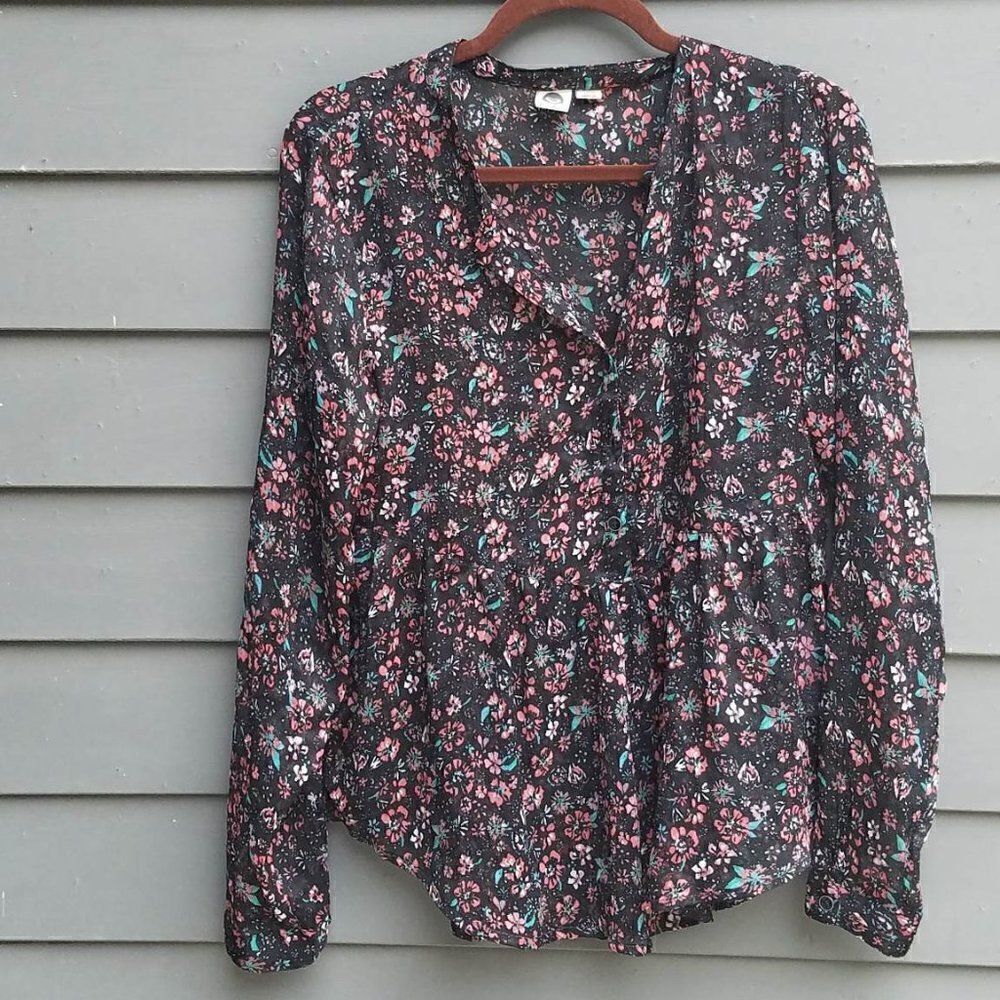 Roxy Sheer Black Floral  Button down Top size Medium